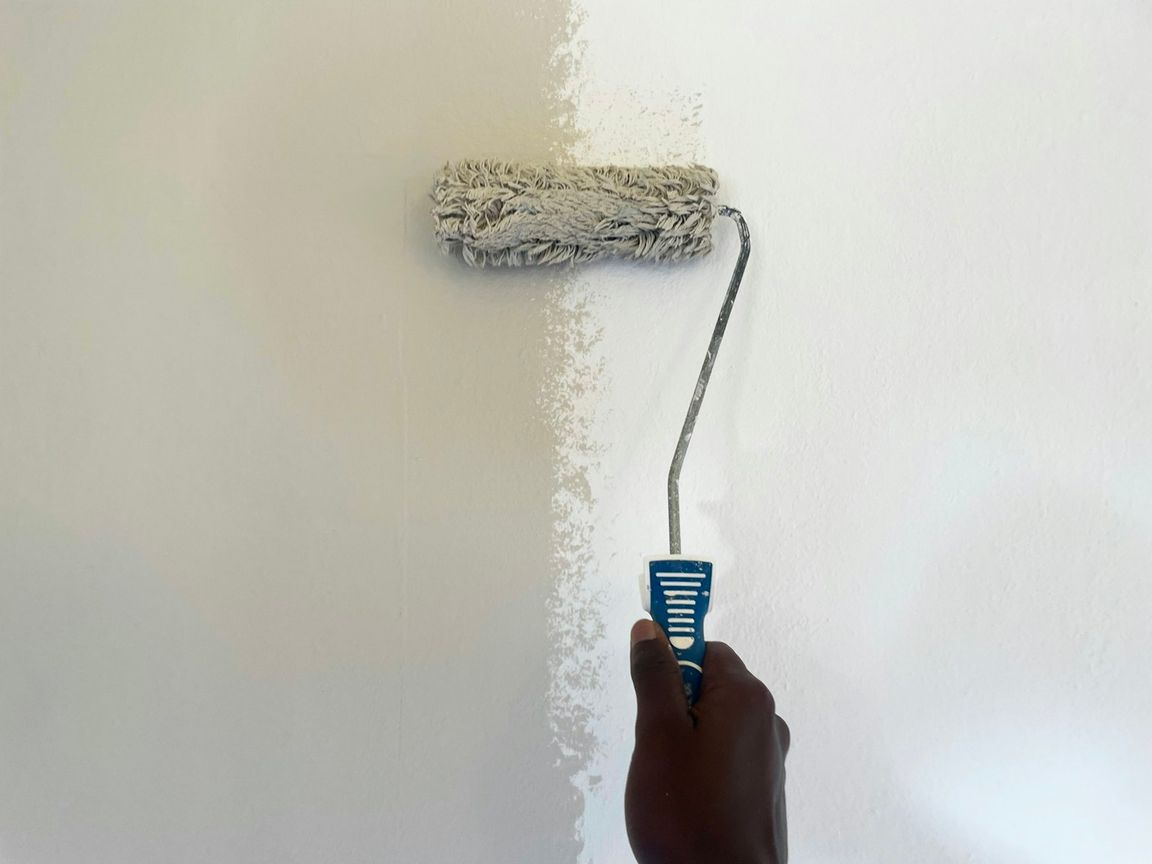 Une main passe un rouleau de peinture sur un mur blanc, à la limite d’une zone fraîchement peinte.